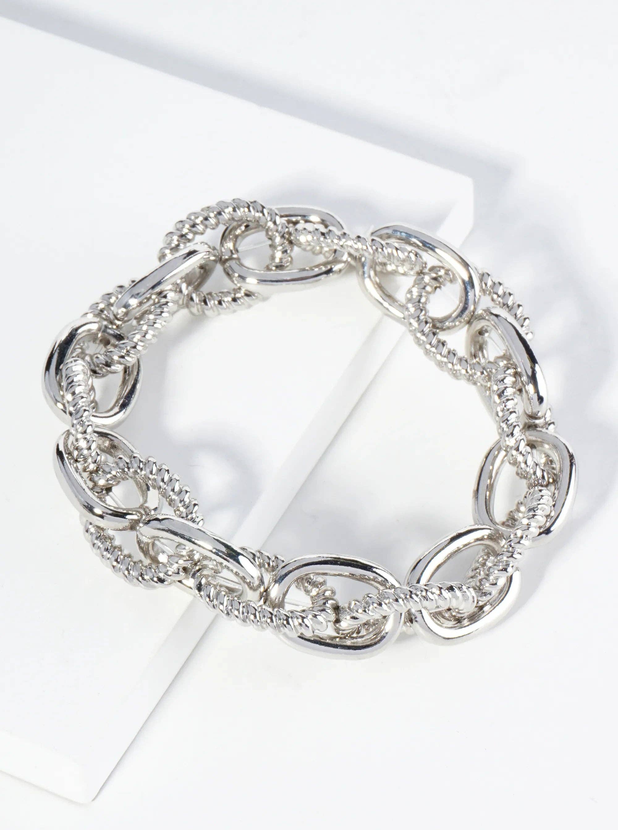 Textured Metal Link Chain Stretch Bracelet: Gold-Rhodium