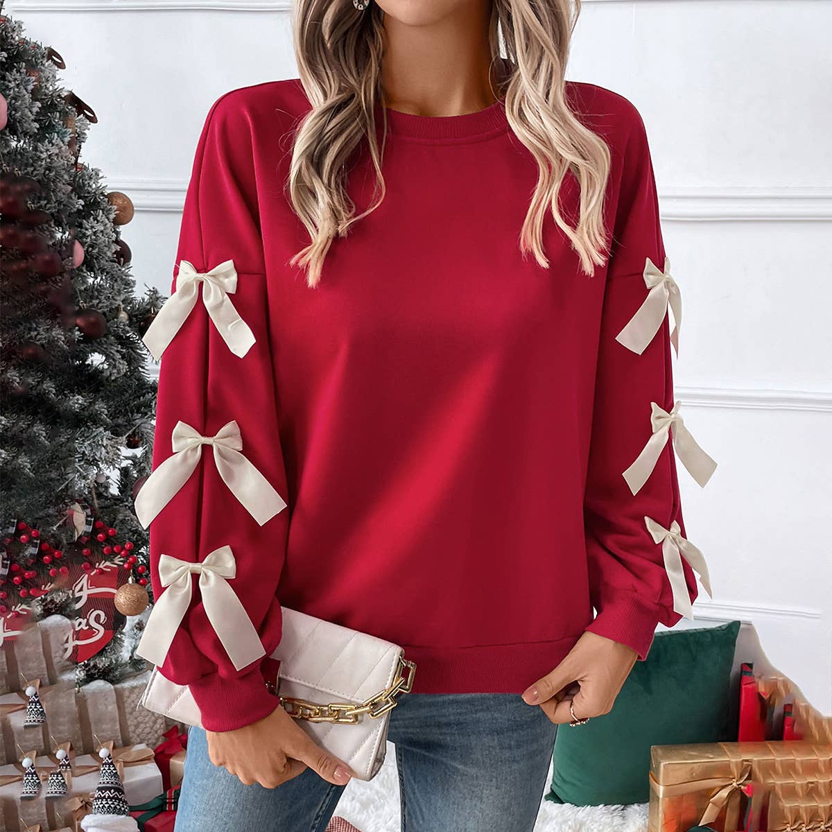 Solid color round neck bow embellish lace pullover Sweatshirt