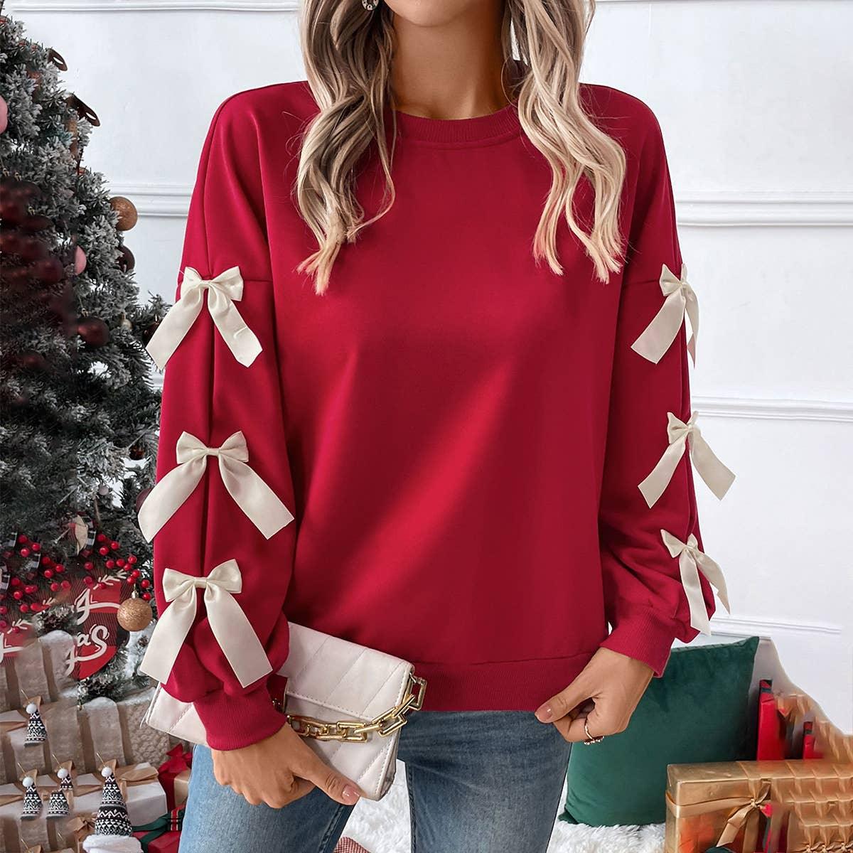 Solid color round neck bow embellish lace pullover Sweater - Prim Boutique