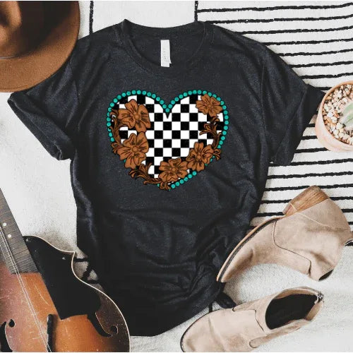 Turquoise Checkered Heart with Flowers Graphic Tee - Prim Boutique