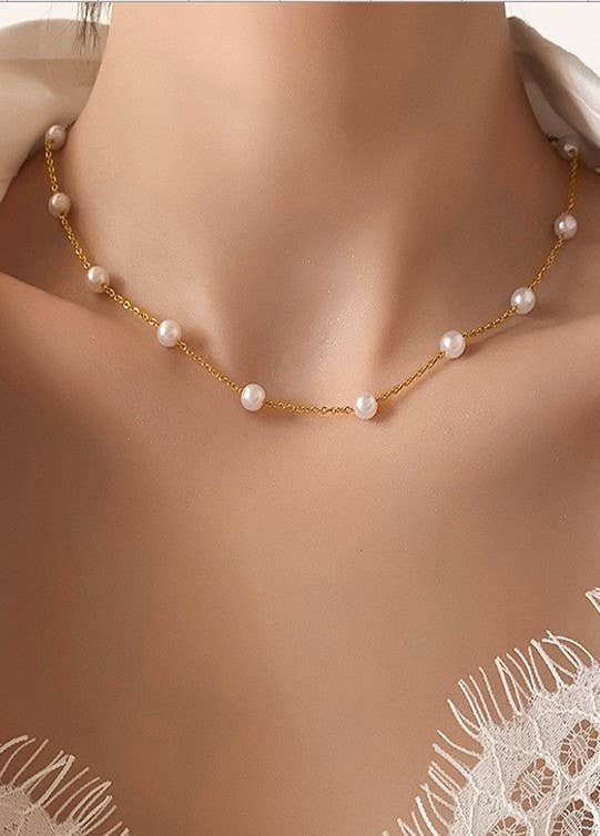 TITANIUM  STEEL NON-TARNISH PEARL STATION NECKLACE GOLD