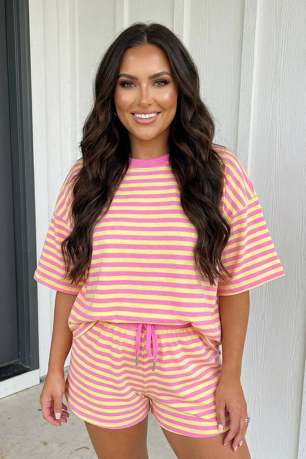 Stripe Contrast Trim Boxy Terry Short Set