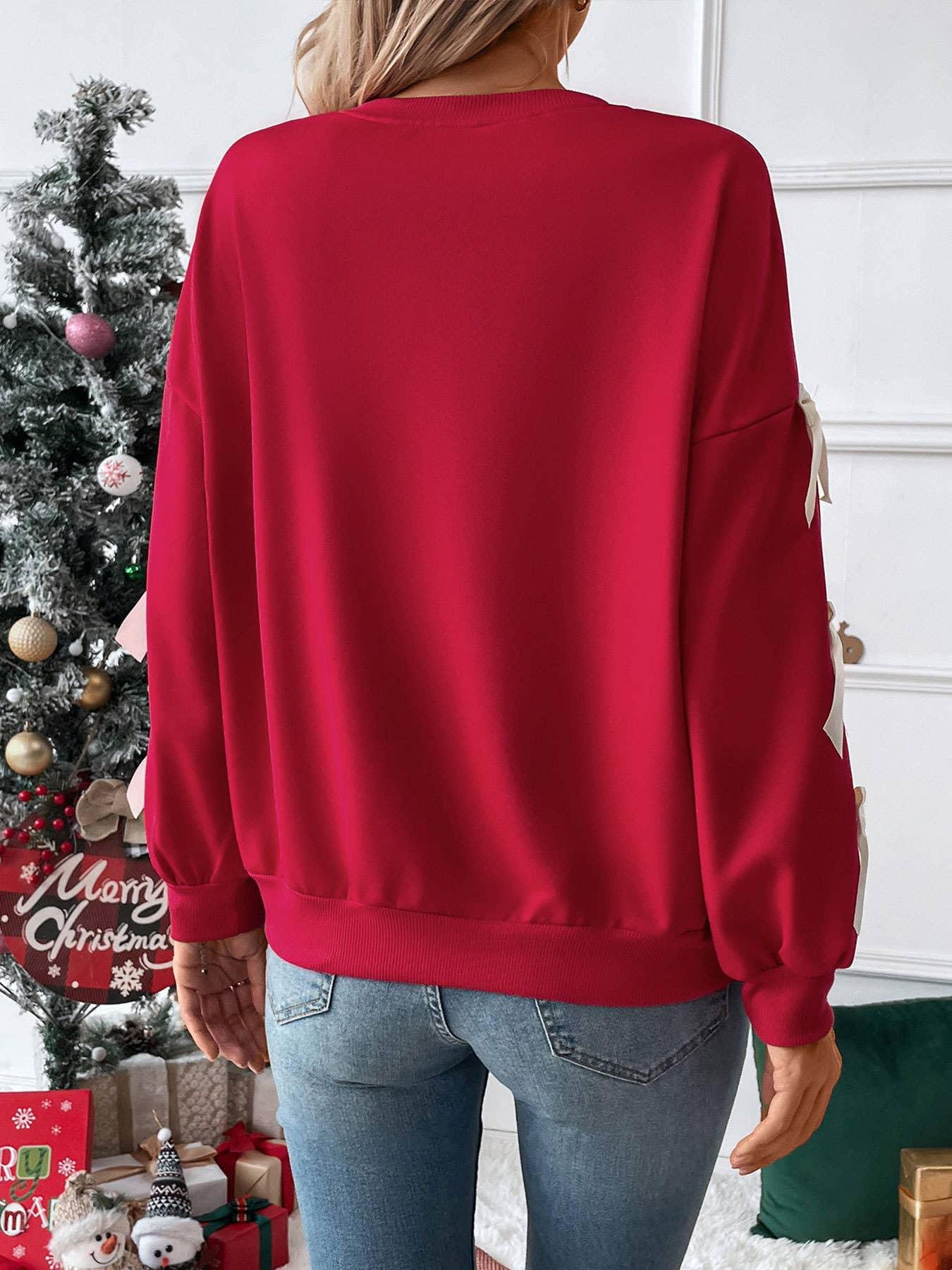 Solid color round neck bow embellish lace pullover Sweater - Prim Boutique