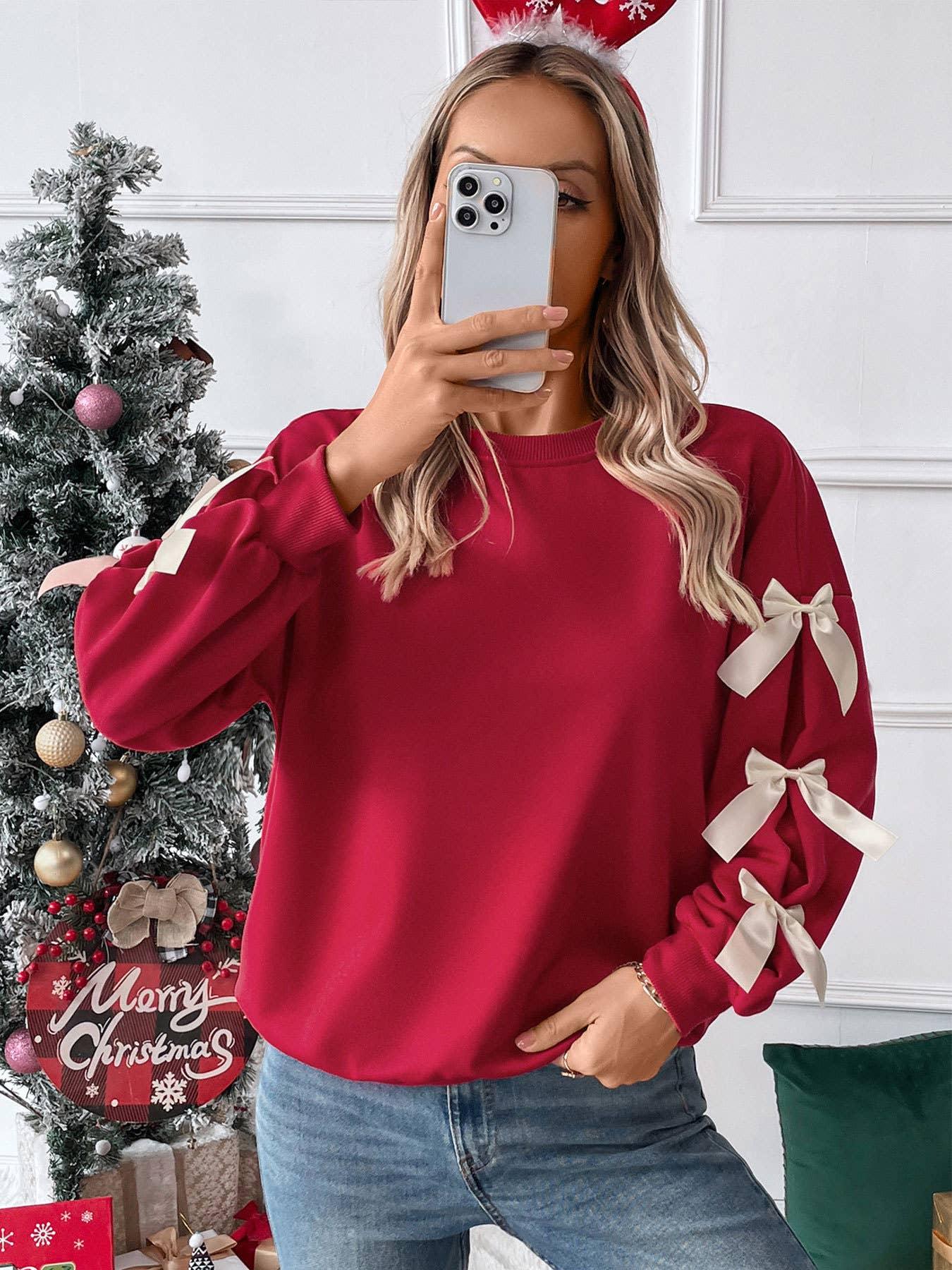 Solid color round neck bow embellish lace pullover Sweater - Prim Boutique