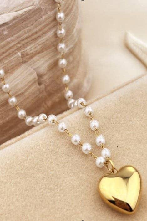 18K STAINLESS STEEL TARNISH FREE HEART PEARL NECKLACE - Prim Boutique