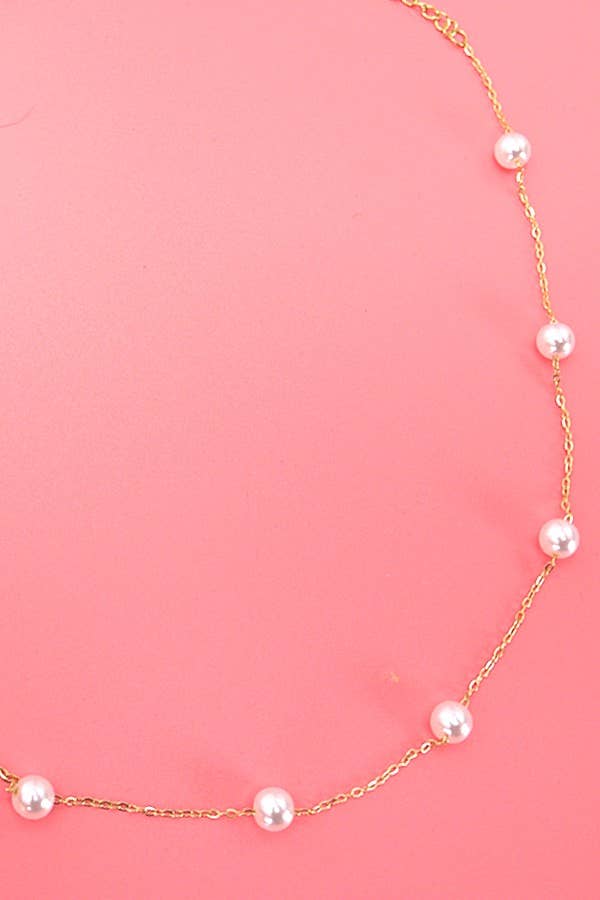 TITANIUM  STEEL NON-TARNISH PEARL STATION NECKLACE GOLD