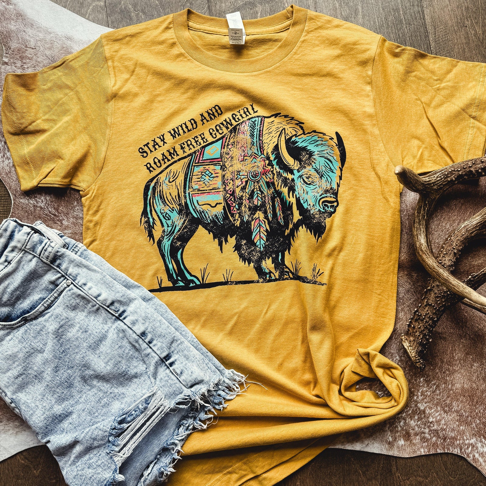 Stay Wild Buffalo & Roam Free Cowgirl Graphic Tee - Prim Boutique