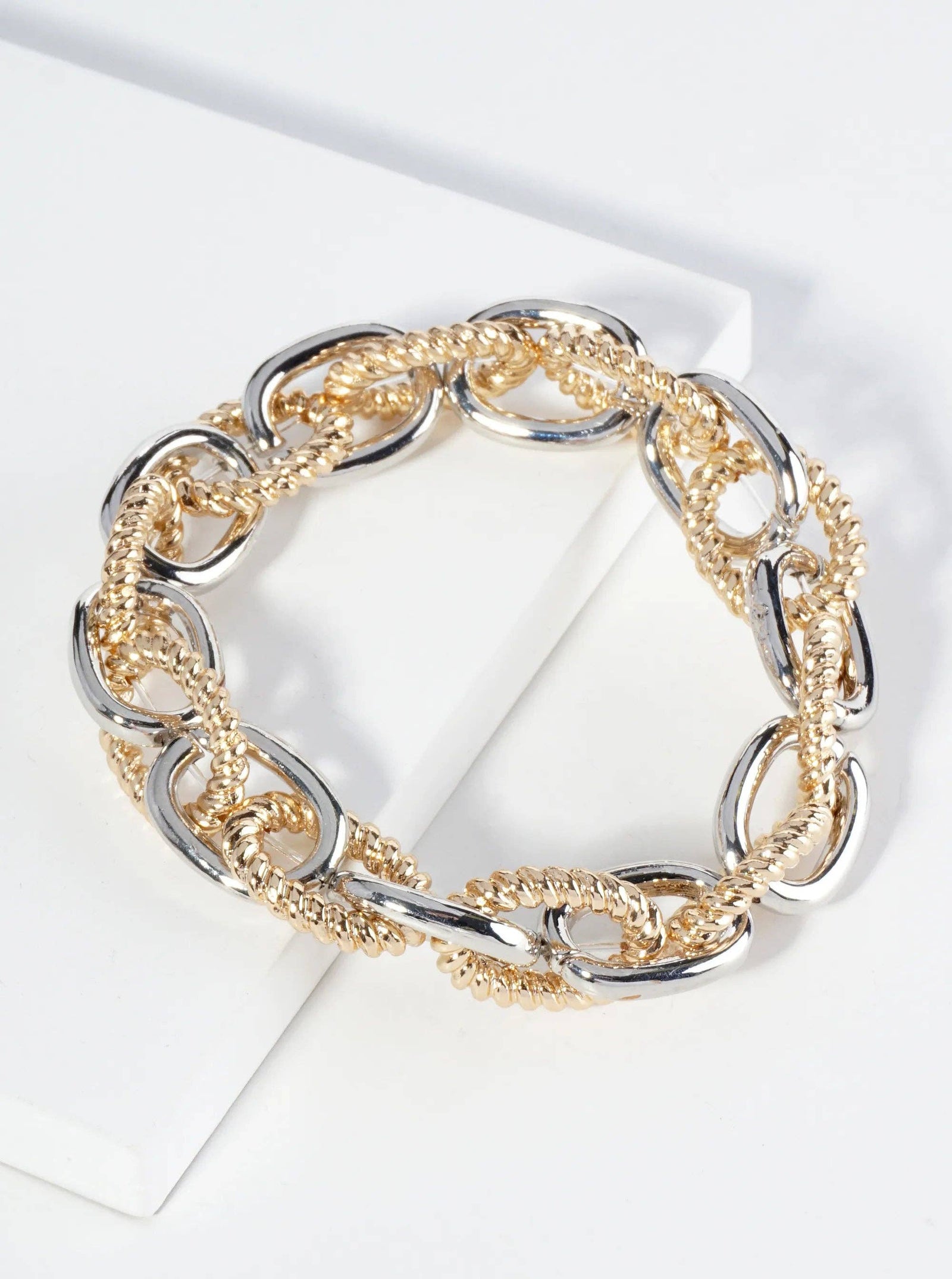 Textured Metal Link Chain Stretch Bracelet: Gold-Rhodium