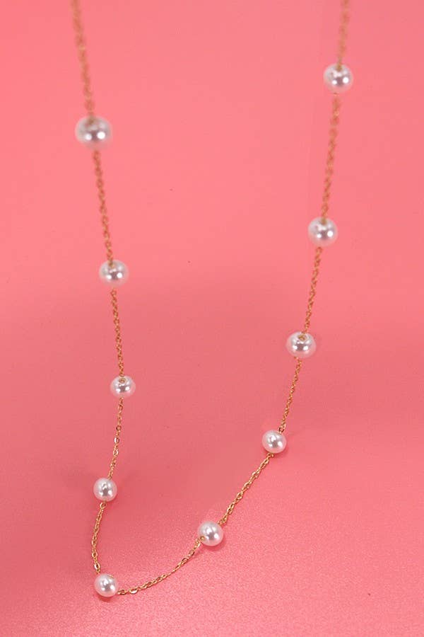 TITANIUM  STEEL NON-TARNISH PEARL STATION NECKLACE GOLD