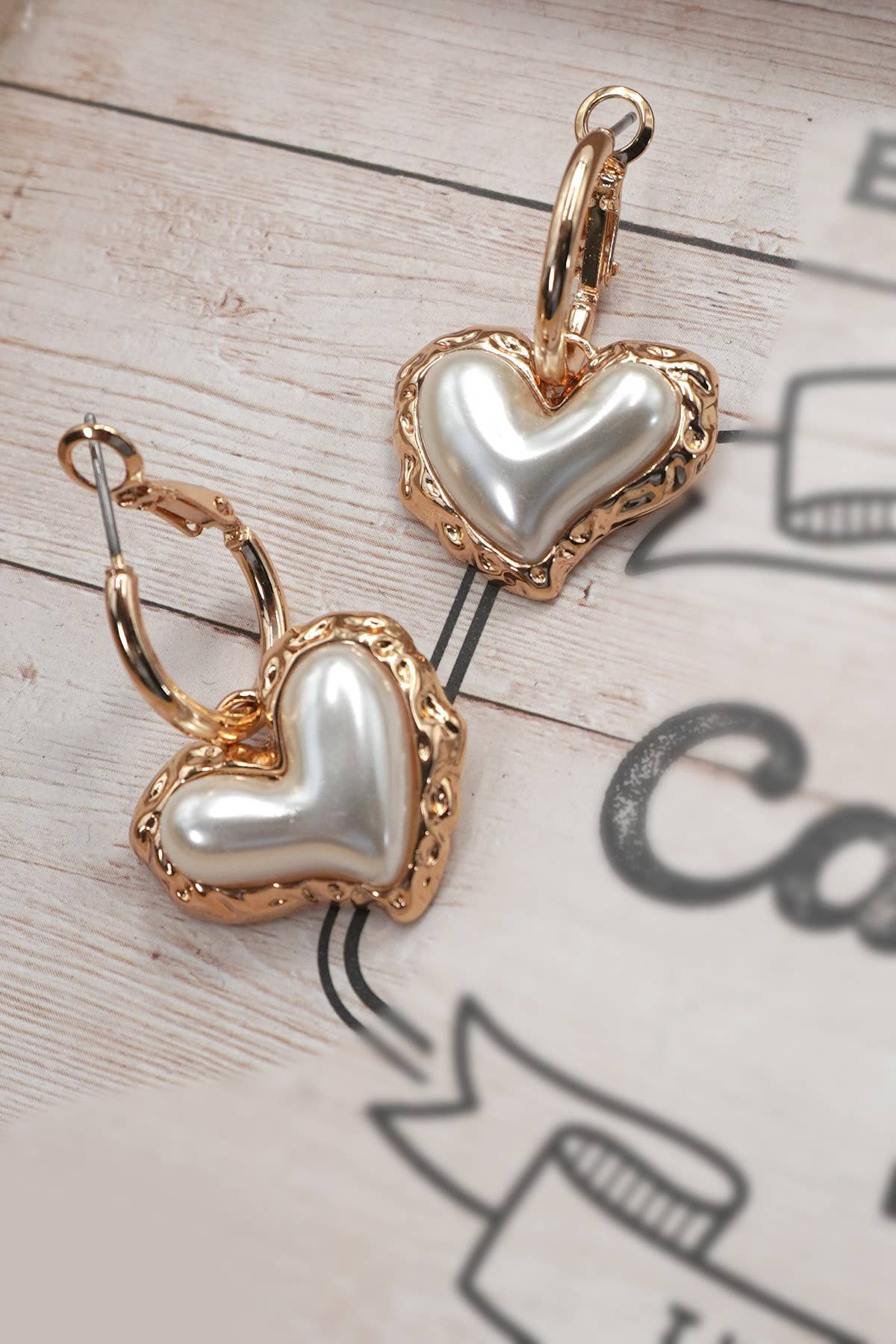 PEARL PUFFY HEART GOLD EDGE DROP EARRINGS
