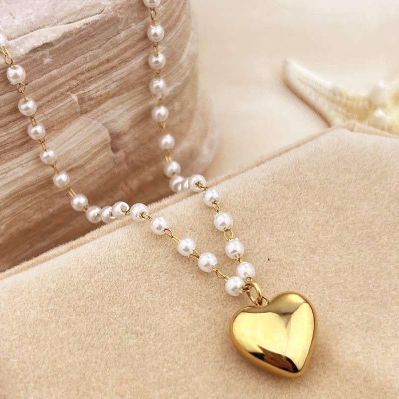 18K STAINLESS STEEL TARNISH FREE HEART PEARL NECKLACE - Prim Boutique