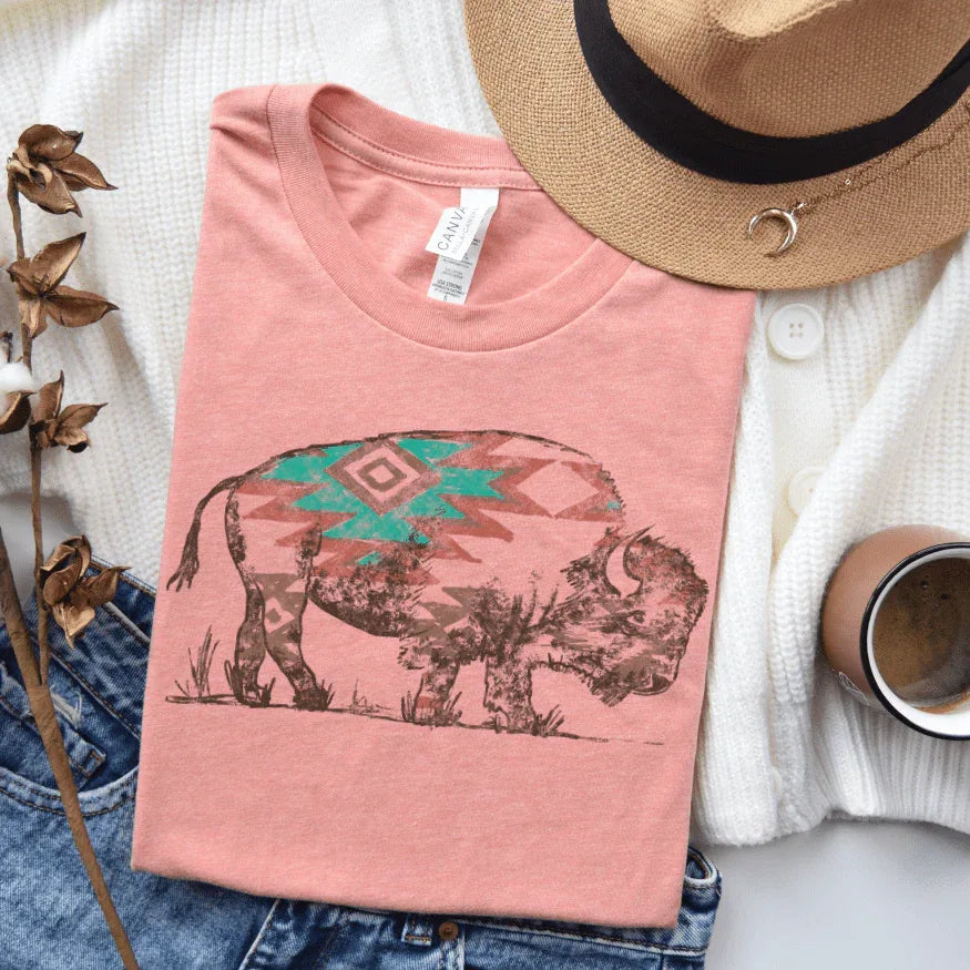 Mint & Red Aztec Buffalo Graphic Tee - Prim Boutique