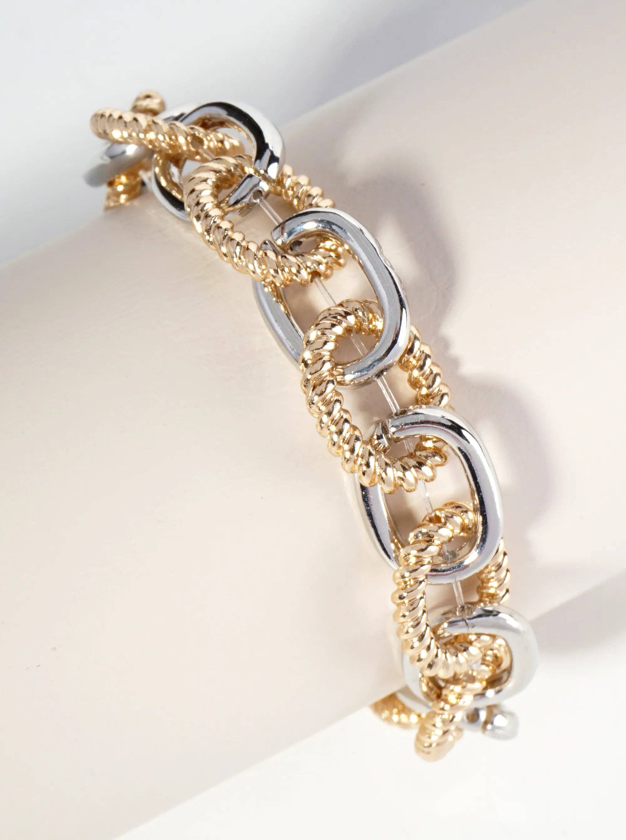 Textured Metal Link Chain Stretch Bracelet: Gold-Rhodium