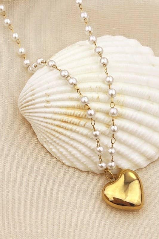 18K STAINLESS STEEL TARNISH FREE HEART PEARL NECKLACE - Prim Boutique