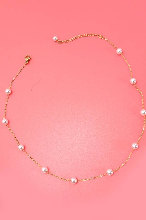 TITANIUM  STEEL NON-TARNISH PEARL STATION NECKLACE GOLD