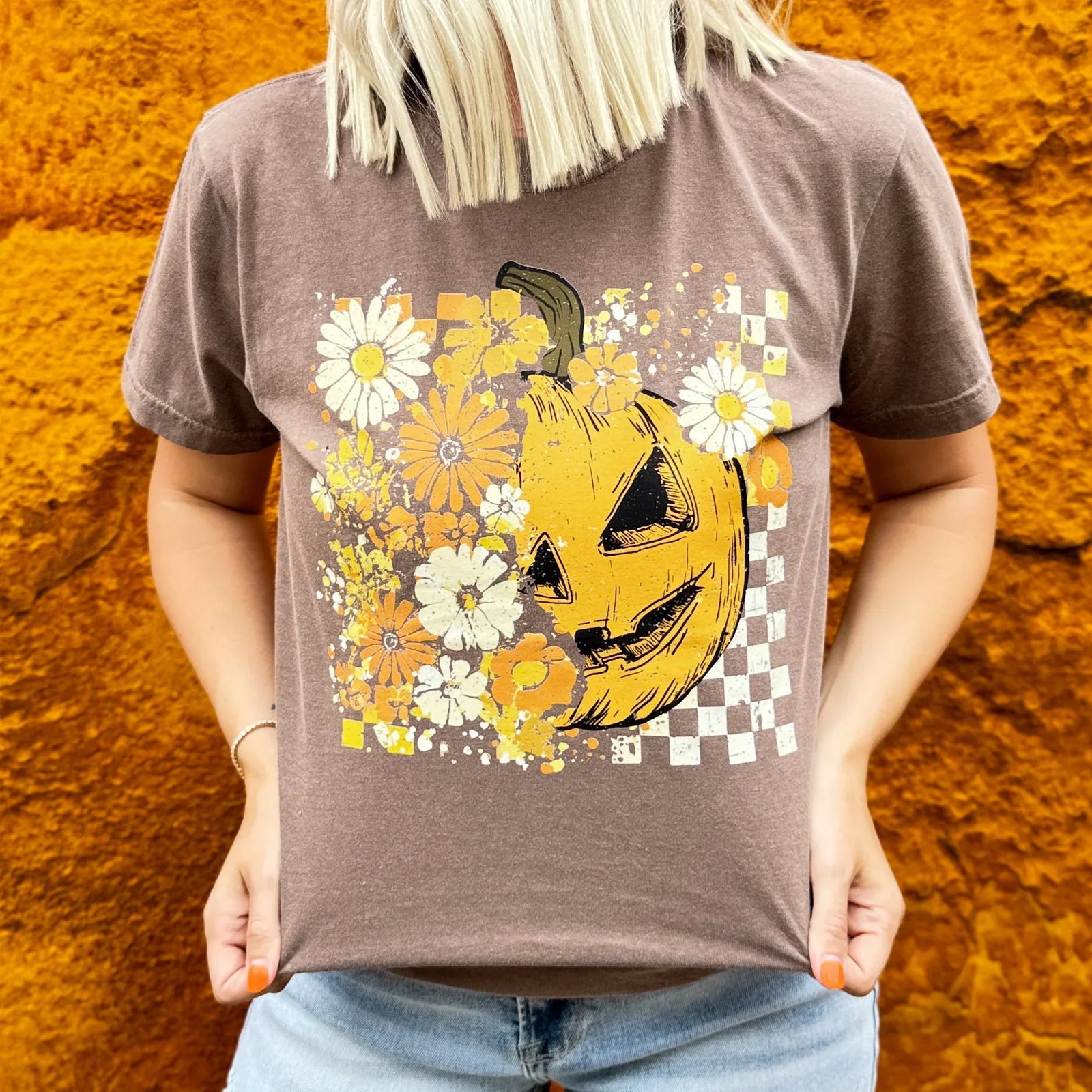Half Pumpkin Half Flowers Soft Graphic Tee - Prim Boutique