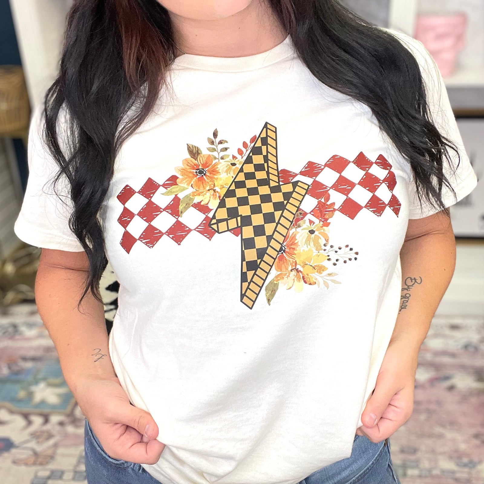Checkered Floral Bolt Graphic Tee