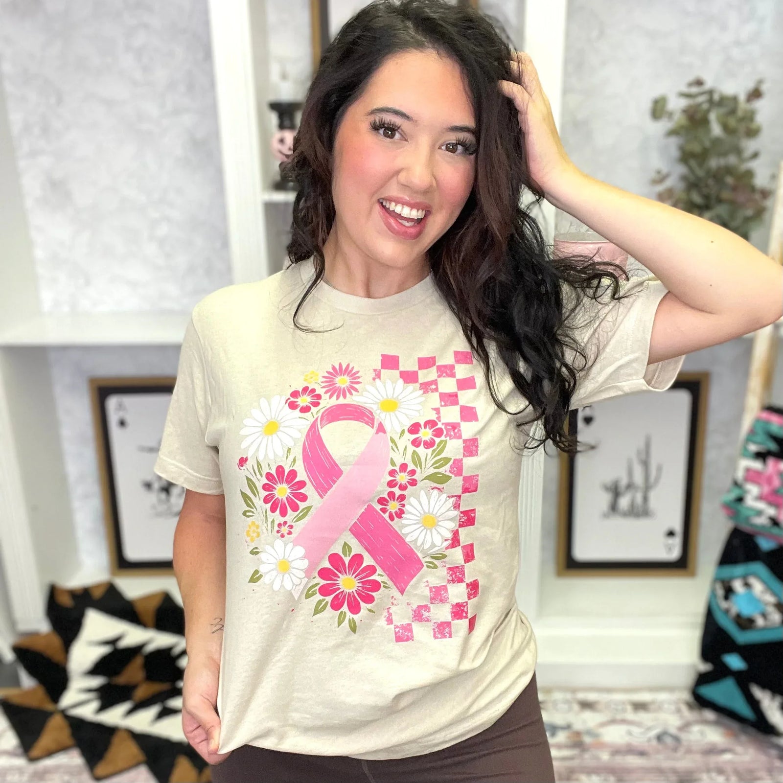 Floral Breast Cancer Ribbon Graphic Tee - Prim Boutique