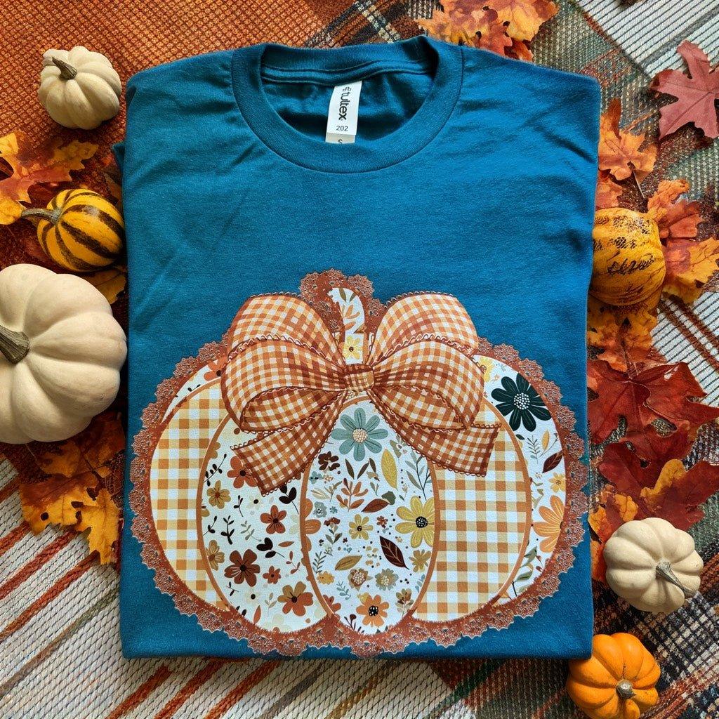 Floral Plaid Pumpkin Graphic Tee - Prim Boutique