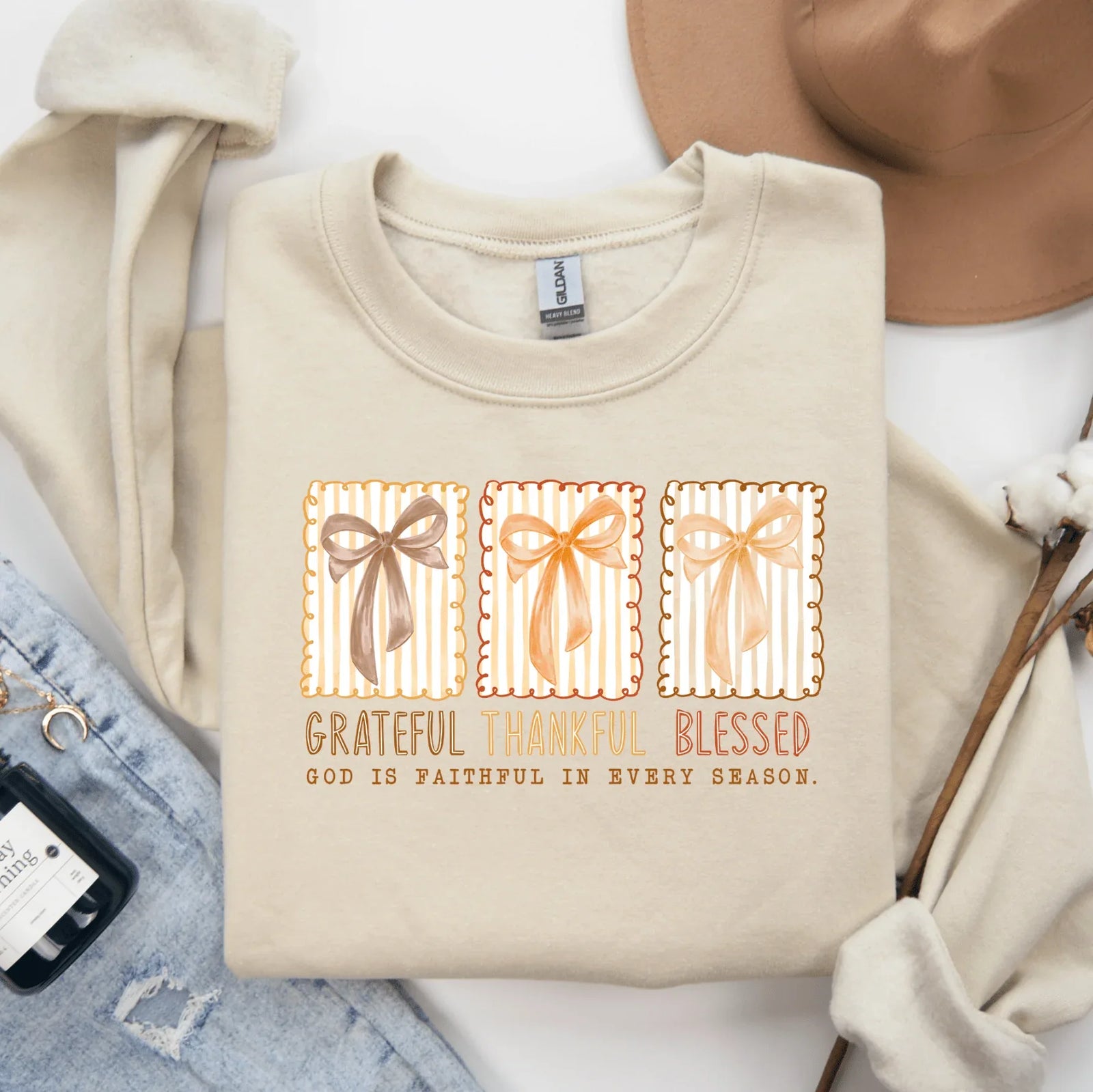 Grateful Thankful Bows Graphic Crewneck - Prim Boutique