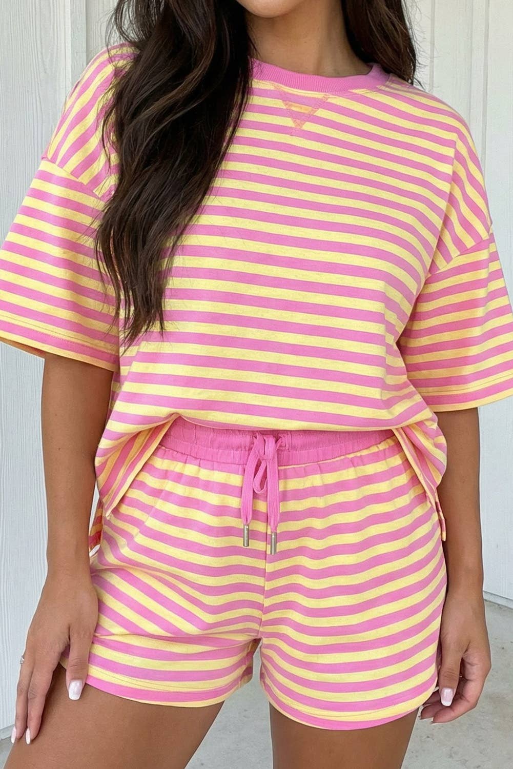Stripe Contrast Trim Boxy Terry Short Set
