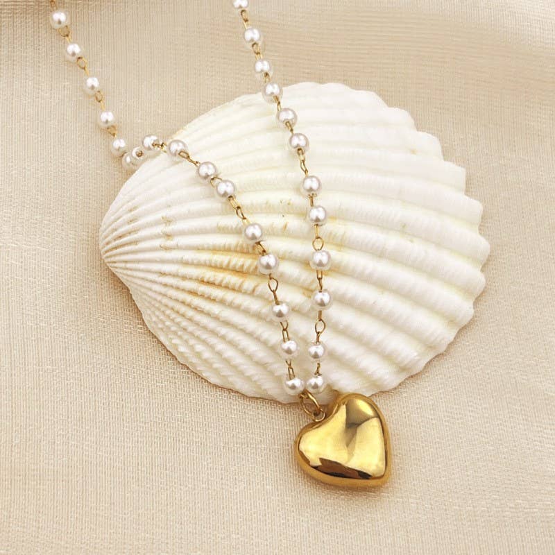 18K STAINLESS STEEL TARNISH FREE HEART PEARL NECKLACE