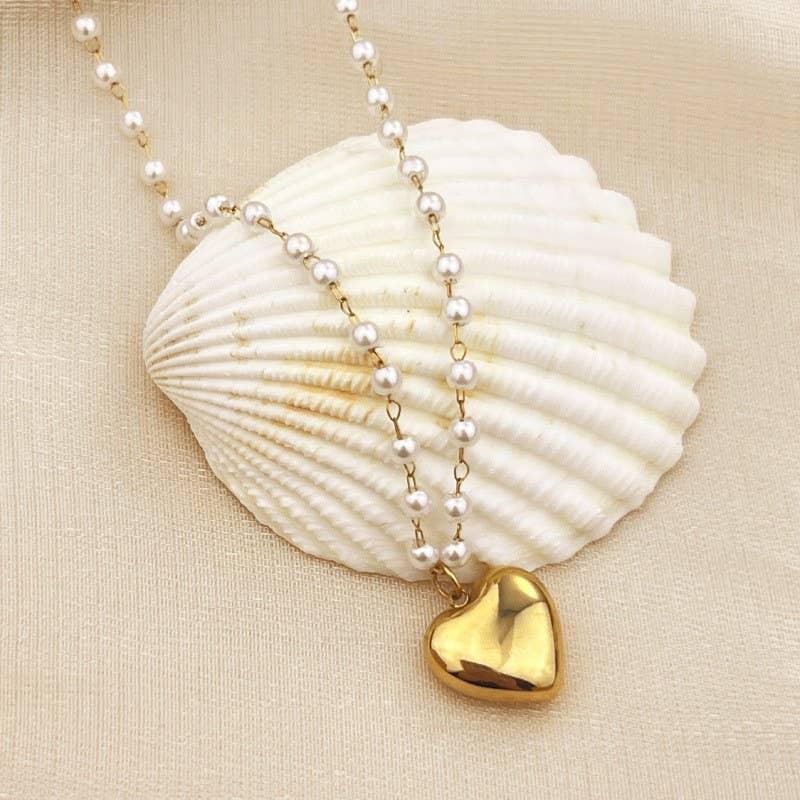 18K STAINLESS STEEL TARNISH FREE HEART PEARL NECKLACE - Prim Boutique