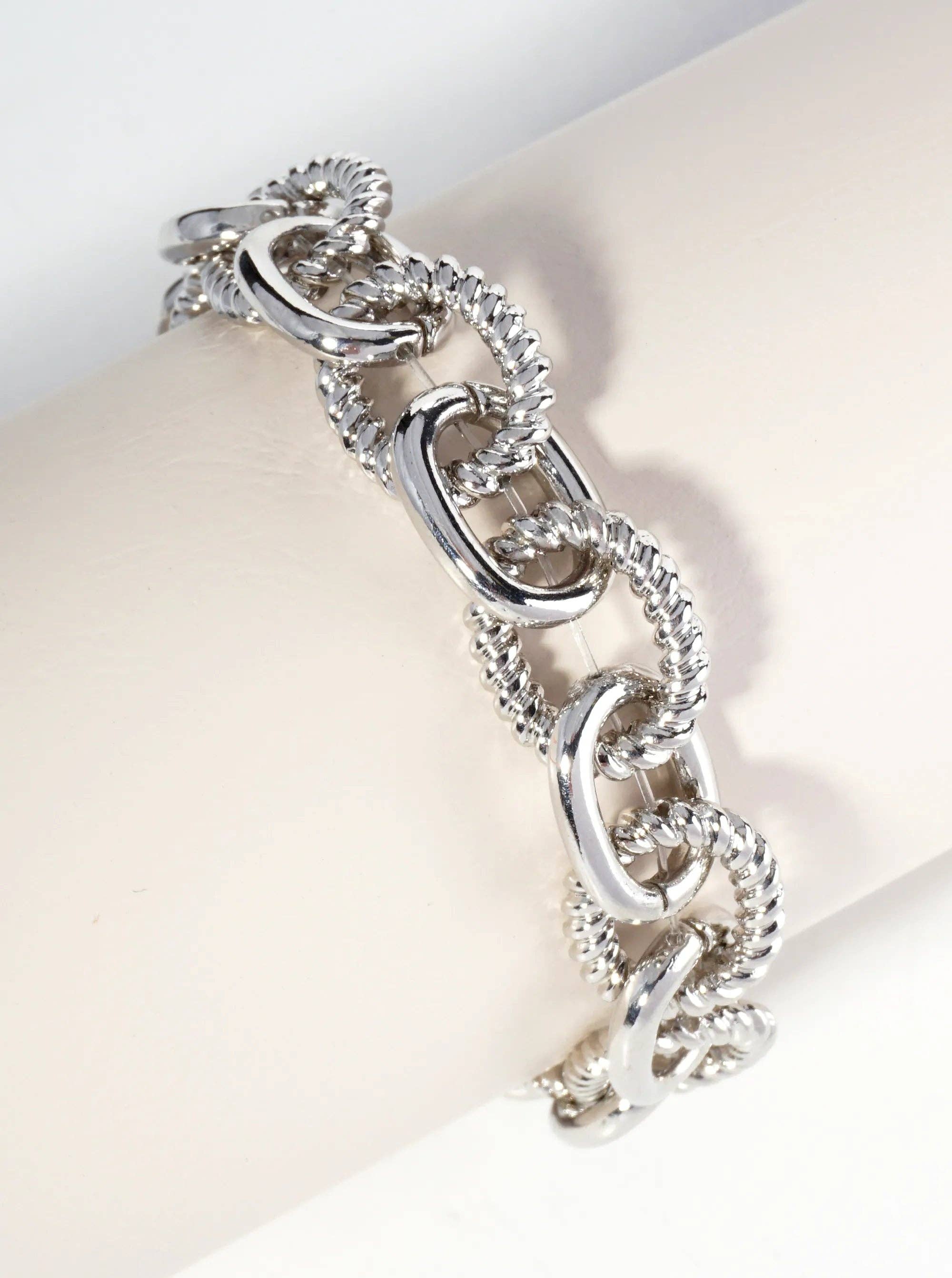 Textured Metal Link Chain Stretch Bracelet: Gold-Rhodium