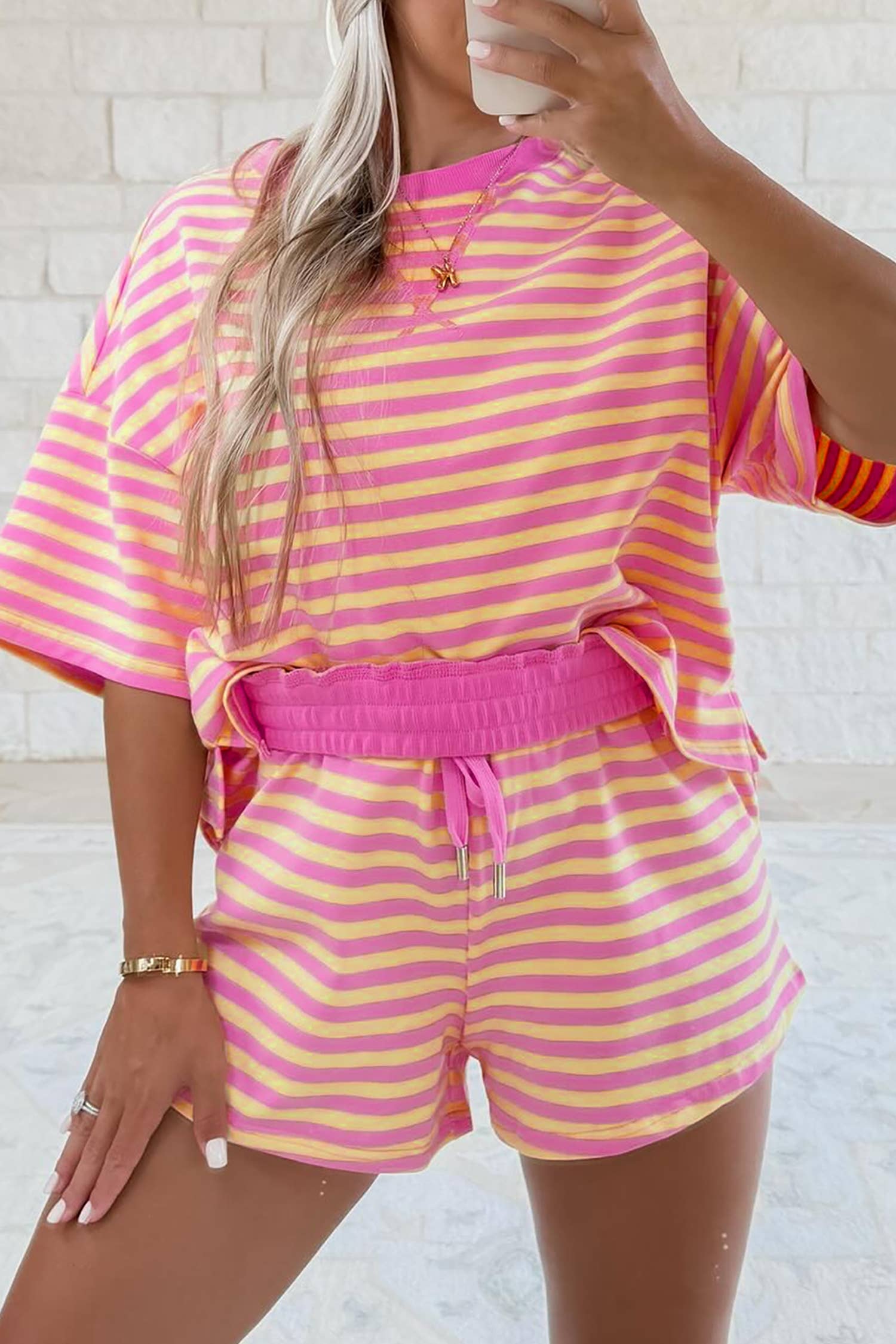 Stripe Contrast Trim Boxy Terry Short Set