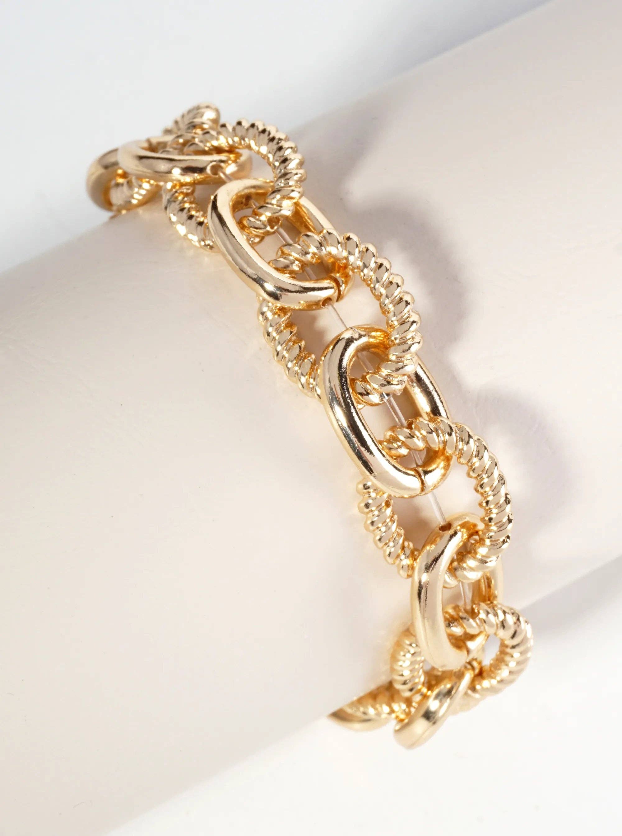 Textured Metal Link Chain Stretch Bracelet: Gold-Rhodium