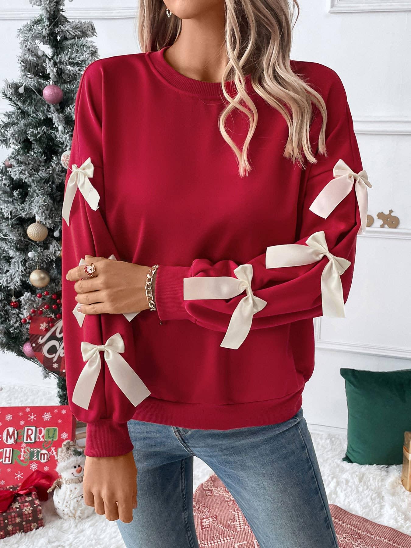 Solid color round neck bow embellish lace pullover Sweater - Prim Boutique