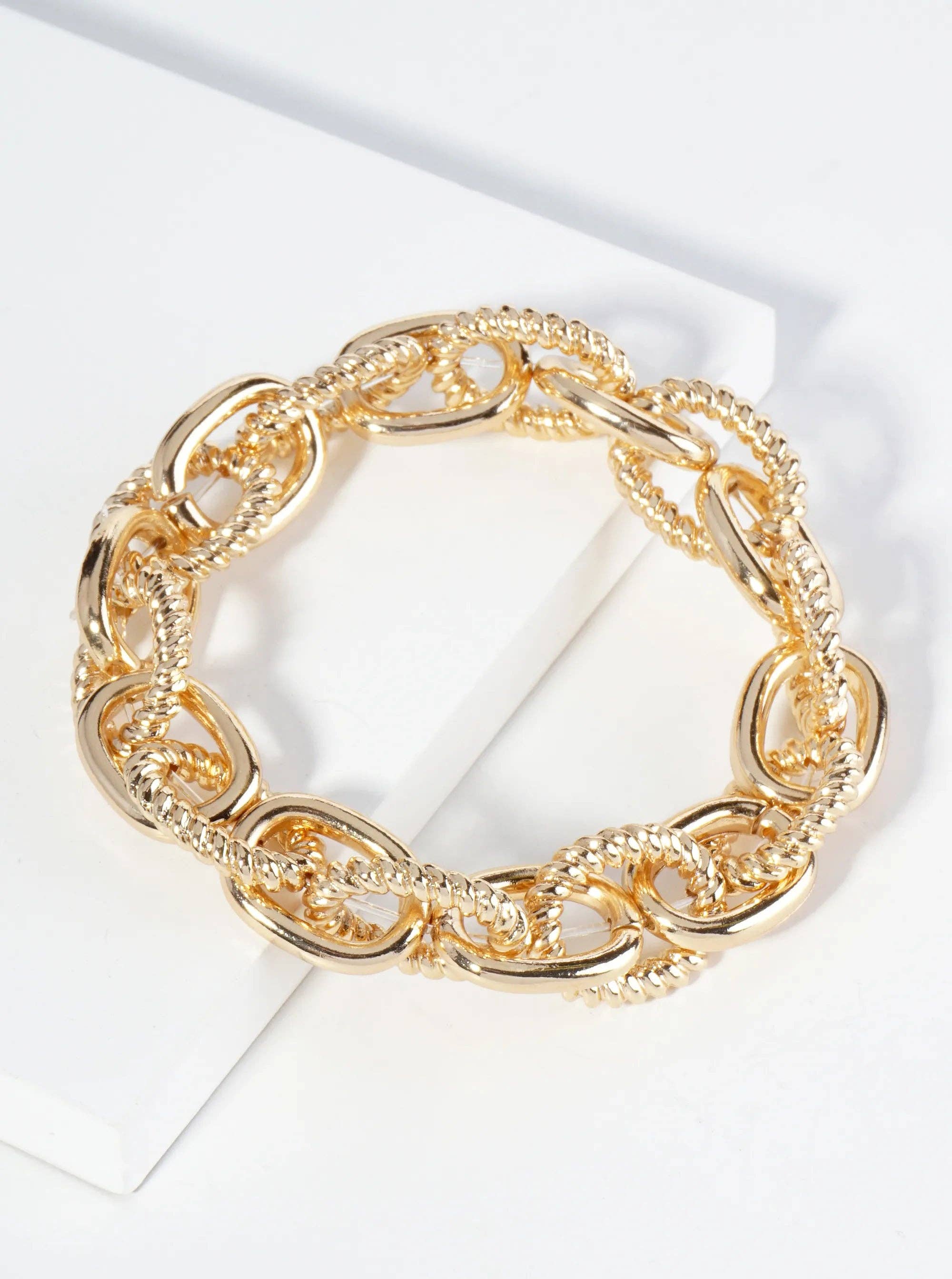 Textured Metal Link Chain Stretch Bracelet: Gold-Rhodium
