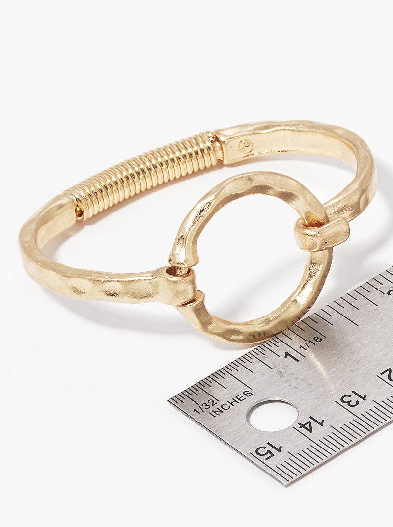 Hammered Metal Round Hook Clasp Hinged Bracelet: Worn Gold
