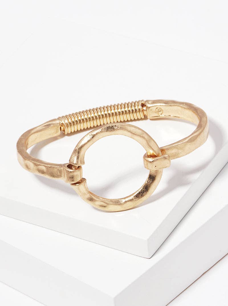 Hammered Metal Round Hook Clasp Hinged Bracelet: Worn Gold